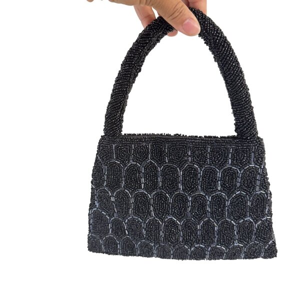 Vintage Unbranded  Womens Black Beaded Top Handle Mini Evening Purse/Handbag - Picture 2 of 6